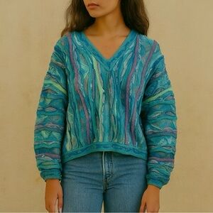 COOGI VINTAGE 90s Chunky Knit Cropped V-Neck Textured Knit Women's Wool Sweater